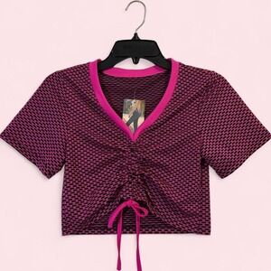 VKVR Pink Black Geometric Tie Front Crop Top V-Neck Y2K Honeycomb S/M NWT